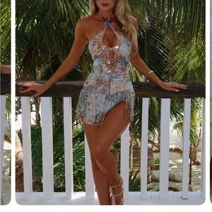 Elegant Halter Mini Dress - Blue and Brown